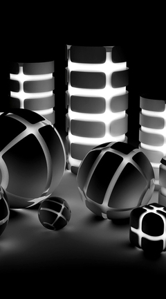 Картинка: Кубы, шары, сферы, цилиндры, светящиеся, тёмный фон