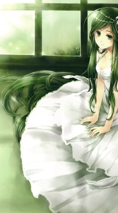 Картинка: Девушка, зелёные волосы, цветы, платье