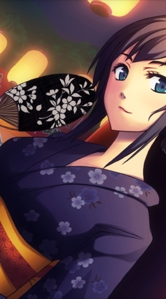 Картинка: Девушка, японка, лицо, глаза, кимоно, веер, иероглифы