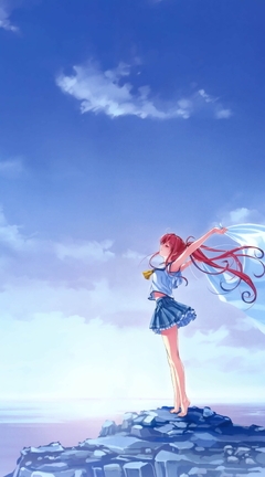 Image: Girl, rock, sea, sky, freedom, hair, wind, fabric, Miyamae Tomoka, Deep Blue Sky & Pure White Wings