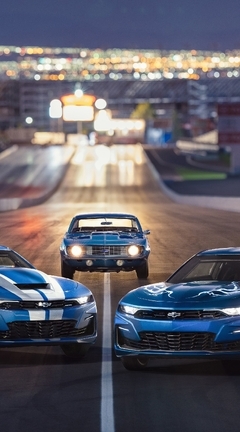 Картинка: Chevrolet Camaro, синий, дорога, город, автомагистраль