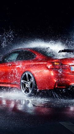 Image: BMW, M4, coupe, red, splashing, water, wet, asphalt, lighting, light
