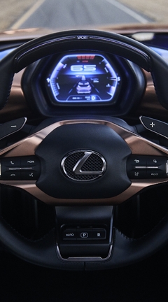 Картинка: Lexus, LF-1, Limitless, Concept, салон, руль, дисплей, дорога, кнопки, марка