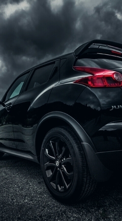 Image: Car, Nissan, Juke, black, asphalt, clouds, mountains
