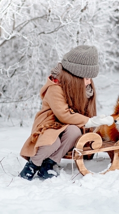 Картинка: Девочка, сани, лиса, зима, снег