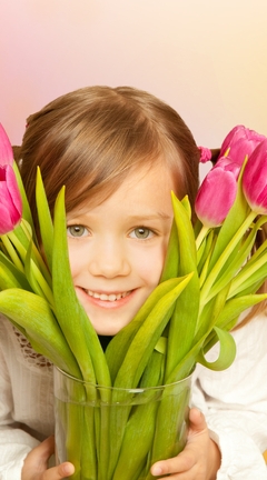 Image: Girl, eyes, smile, tulips, flowers