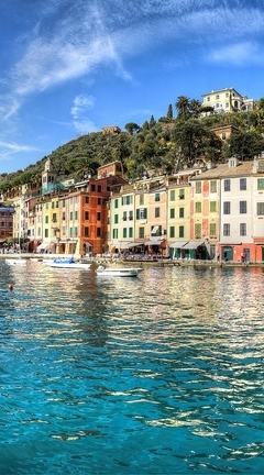 Картинка: Италия, Лигурия, море, голубая вода, дома, деревья, небо, облака