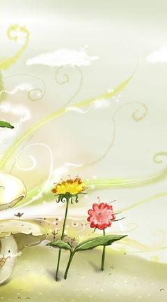 Image: Drawing, mushrooms, flowers, fantasy, sky, clouds