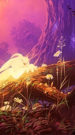 Картинка: Кролик, лежит, спит, лес, дерево, растения, вечер
