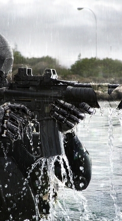 Картинка: Солдат, робот, прицеливание, вода, река, киборг, оружие, автомат, глушитель, камуфляж, маскировка, невидимость