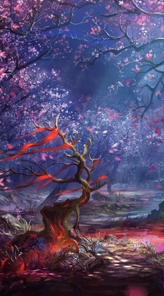 Image: Sakura, forest, trees, night light, leaves, stump, branches, water