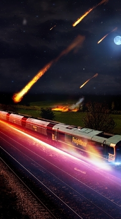 Image: The train, glow, light, lights, night, moon, meteorites, houses, railway