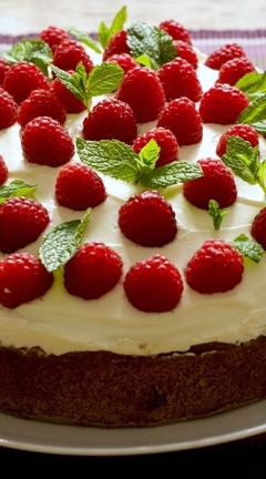 Картинка: Торт, выпечка, ягоды, малина, крем, сладость, мята