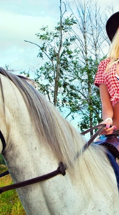 Картинка: Блондинка, на коне, конь, грива, лес, девушка, Катя Самбука, верхом, ковбой, деревья, ковбойская шляпа, рубашка