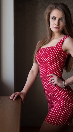 Image: Girl, long hair, cute, dress, red, polka dot, white, posing, posture, figure, window