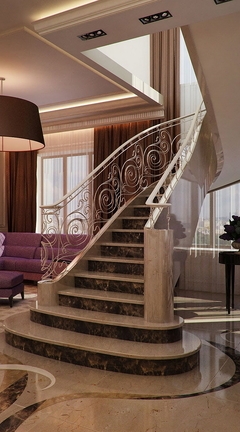 Картинка: Квартира, дизайн, лестница, стул, диван, торшер, люстра, картина, окно