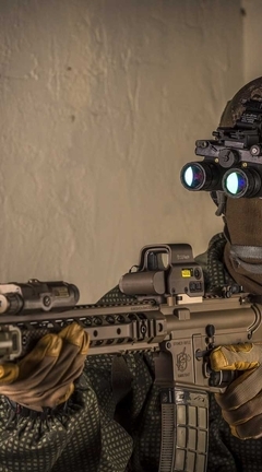 Image: Man, weapon, machine gun, binoculars, helmet, soldier, muffler, equipment