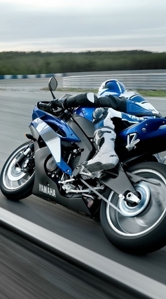 Картинка: Байк, Yamaha, скорость, поворот, гонщик, синий, размытость, трек, трасса