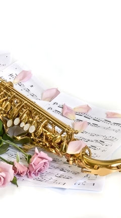 Картинка: Саксофон, ноты, розы, белый фон
