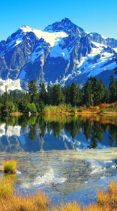 Image: Mountains, lake, trees, reflection