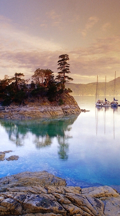 Image: Lake, water, stones, forest, trees, sky, mountains, reflection, yacht