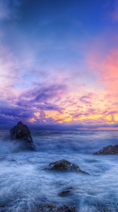 Image: sea, ocean, waves, rocks, sky, clouds, sunset, dawn, beautiful landscape