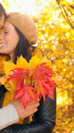 Image: Man, woman, couple, lovers, fall, leaves, park