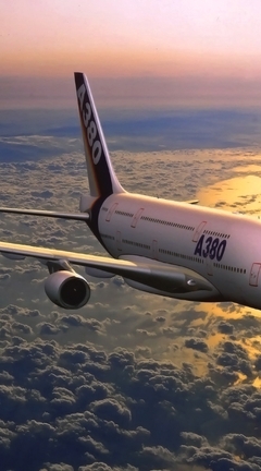 Картинка: Самолёт, A380, горизонт, облака