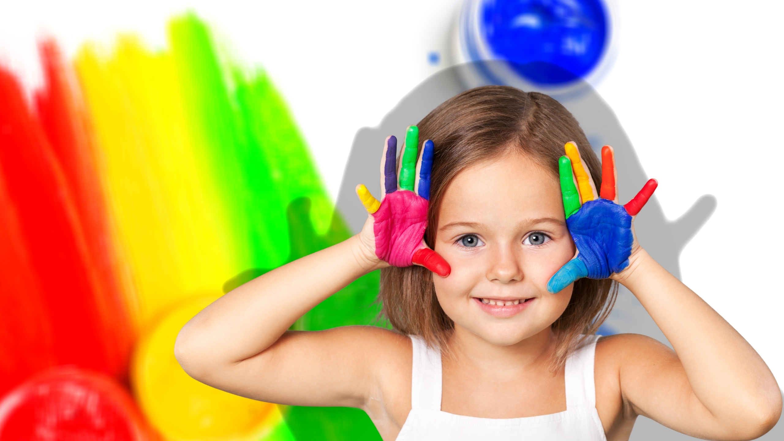 Image: Child, girl, smile, hands, bright paint, mood