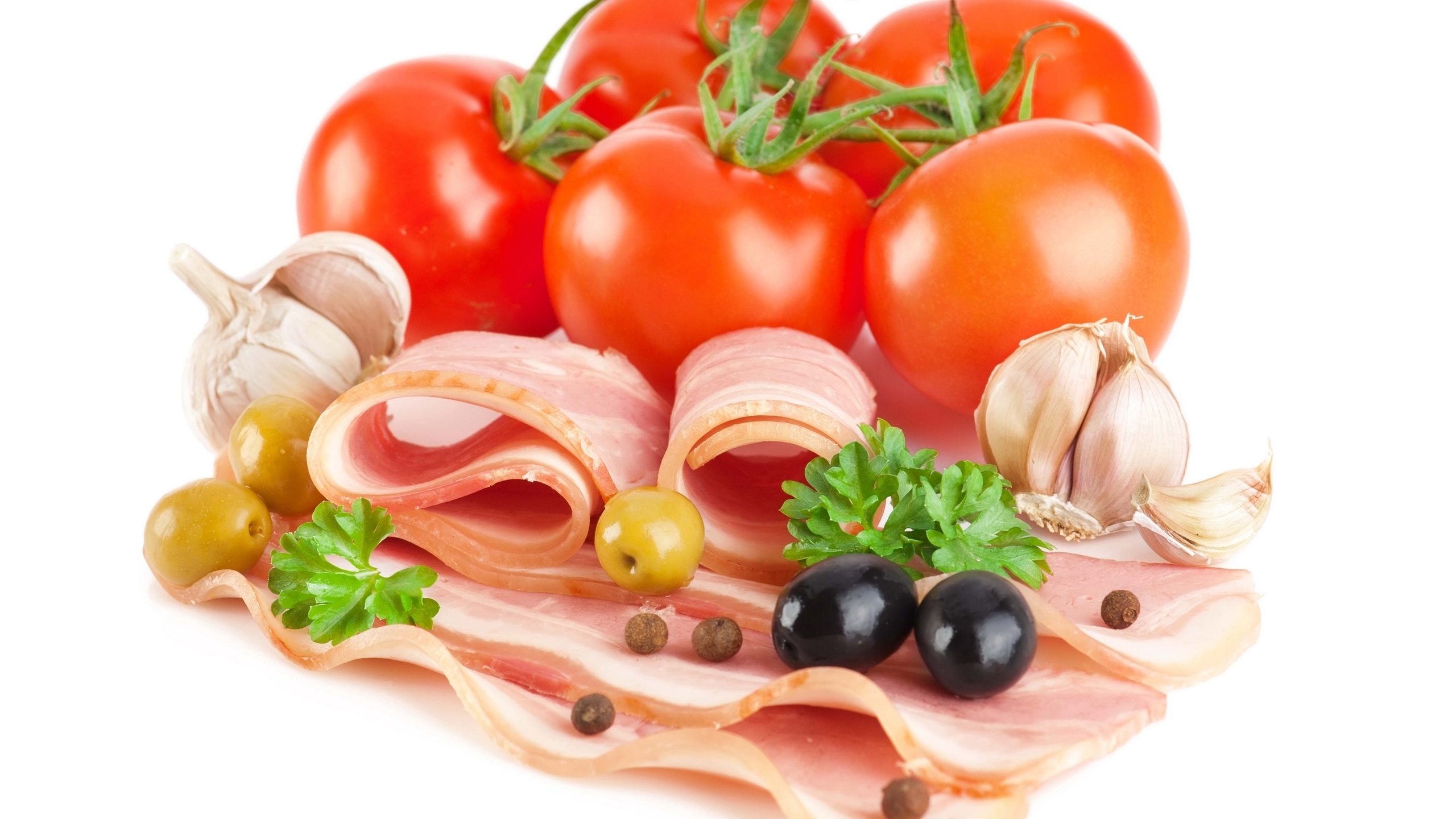 Image: Tomatoes, vegetables, bacon, olives, garlic, white background