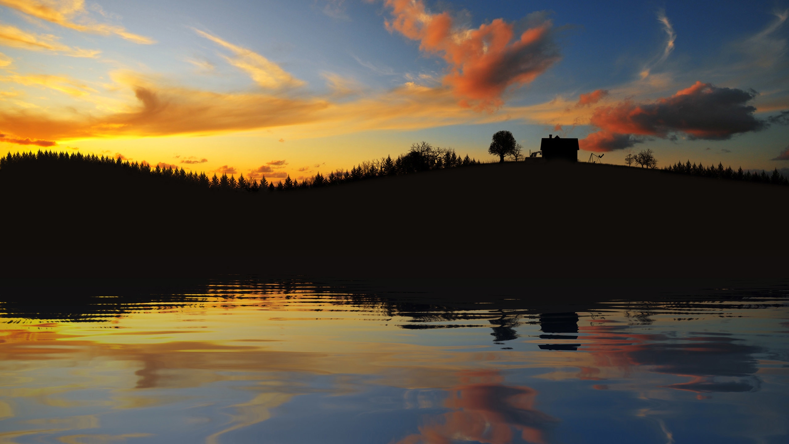 Image: Evening, sunset, landscape, house, hill, water, lake, river, trees, clouds, sky
