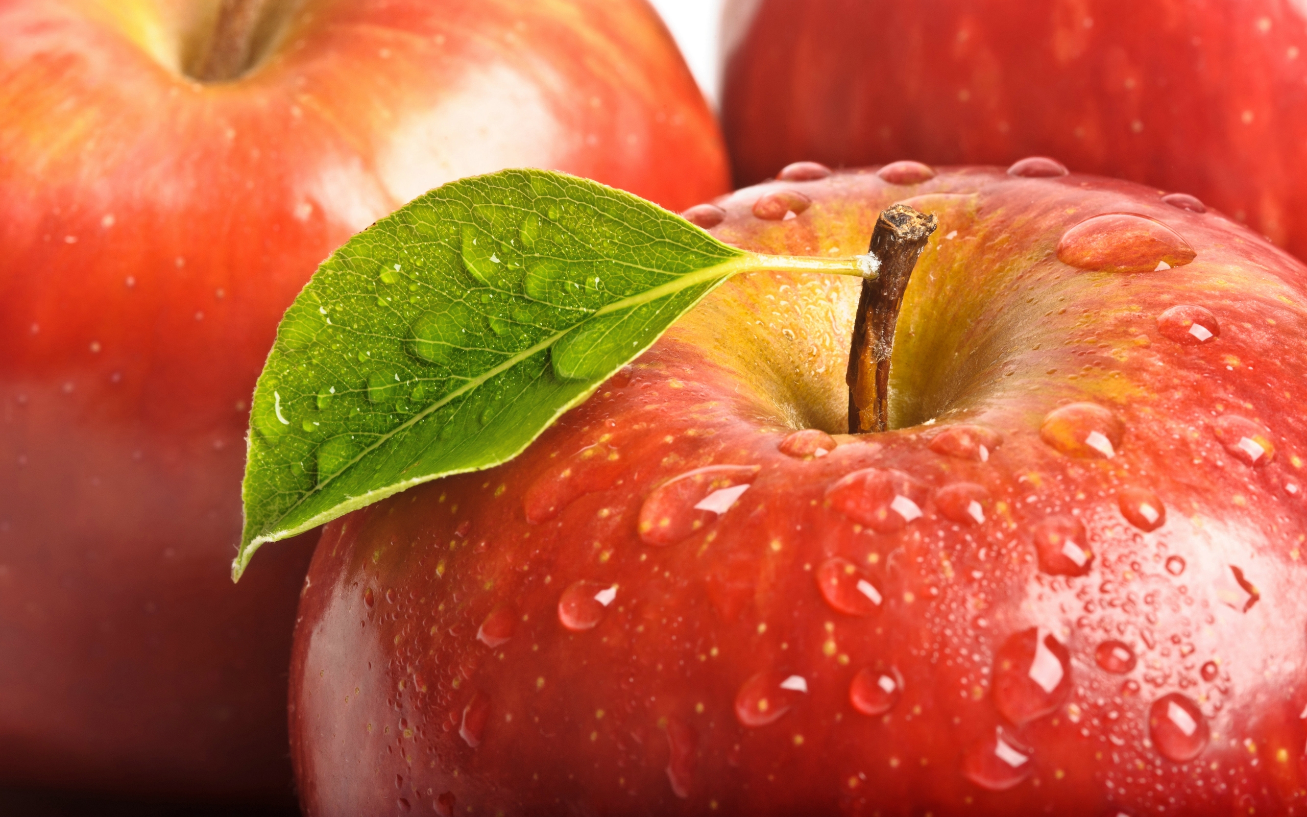 Картинка: Яблоки, красное, фрукты, листик, вода, капли