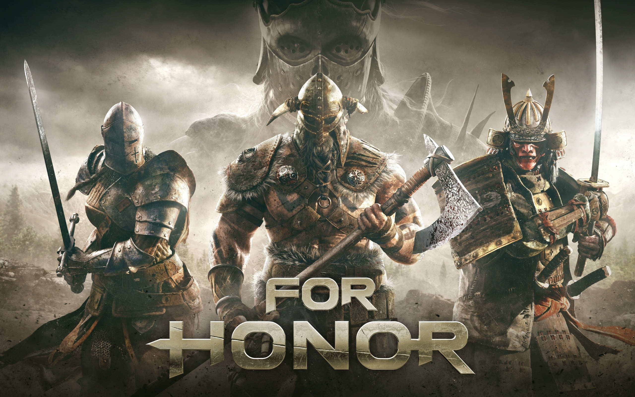 Картинка: For Honor, За честь, Ubisoft, рыцарь, викинг, самурай, оружие, боевые, топоры, мечи, тучи
