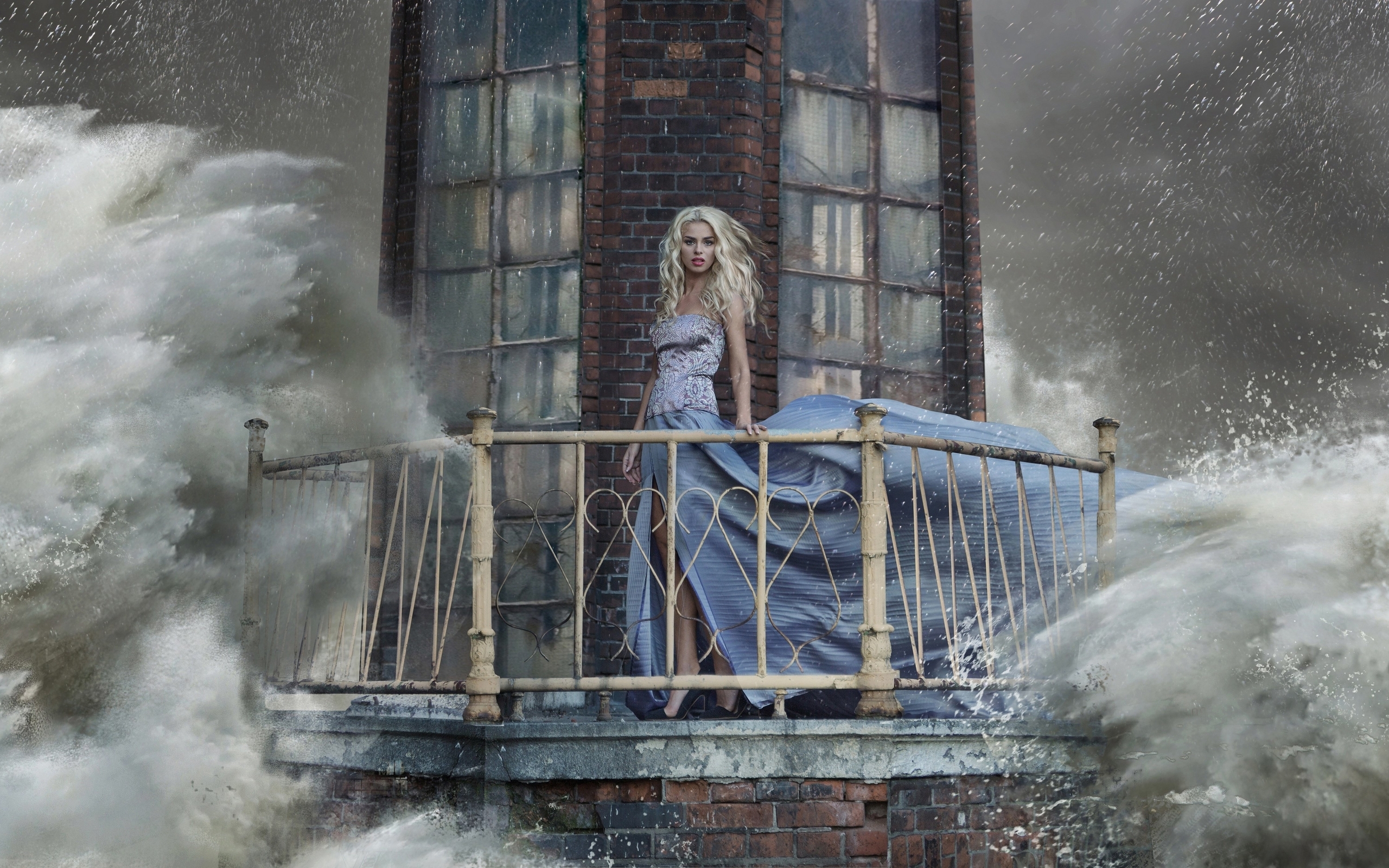 Image: Girl, blonde, storm, water, dress, standing, lighthouse