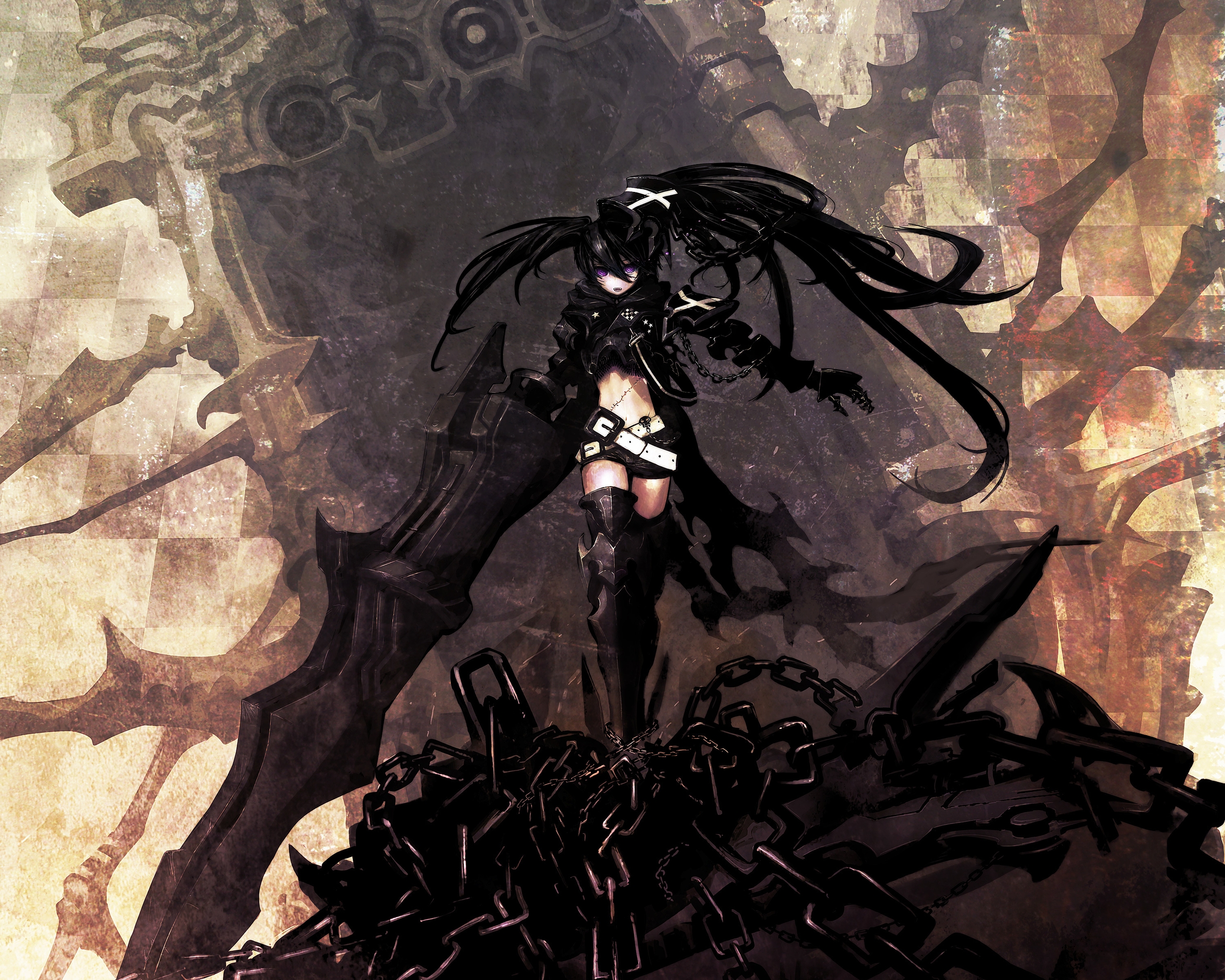 Картинка: Black Rock Shooter, аниме, Стрелок с Чёрной скалы, цепи, Мато Курои, Kuroi Mato, меч, волосы