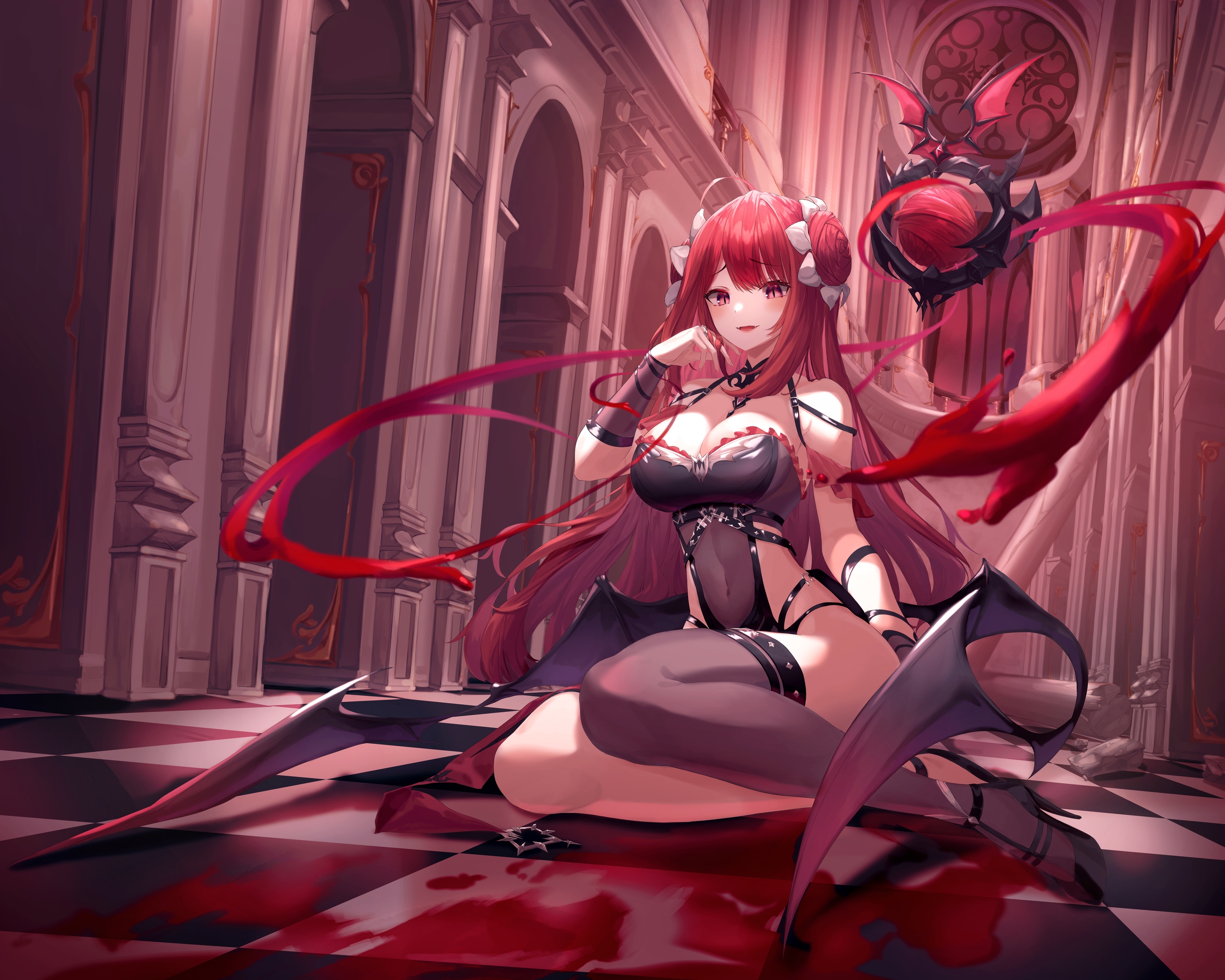 Image: king's raid, girl, blood, sitting, weapons, vampire, erze, munseonghwa