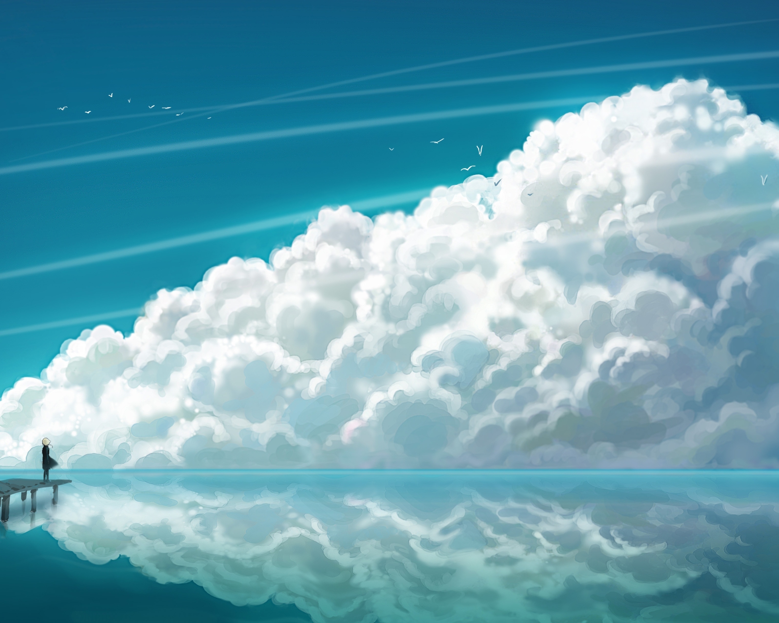 Картинка: Причал, море, небо, облака, девочка, отражение, чайки