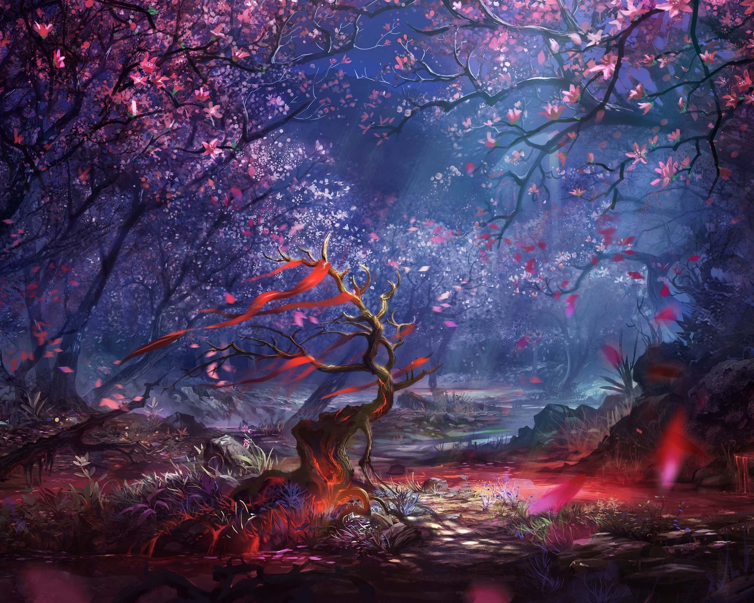 Image: Sakura, forest, trees, night light, leaves, stump, branches, water