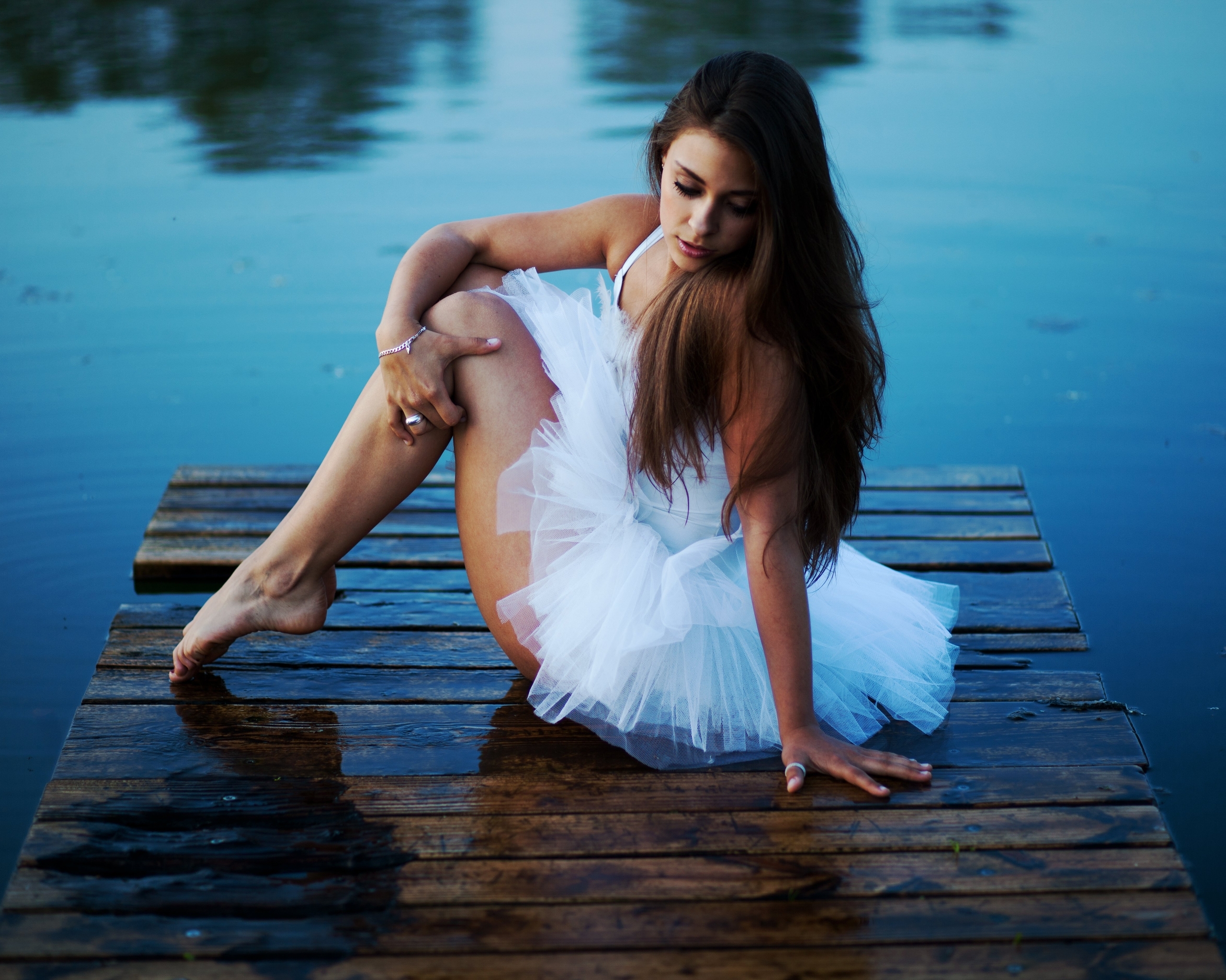 Image: Girl, ballerina, white tutu, pier, water