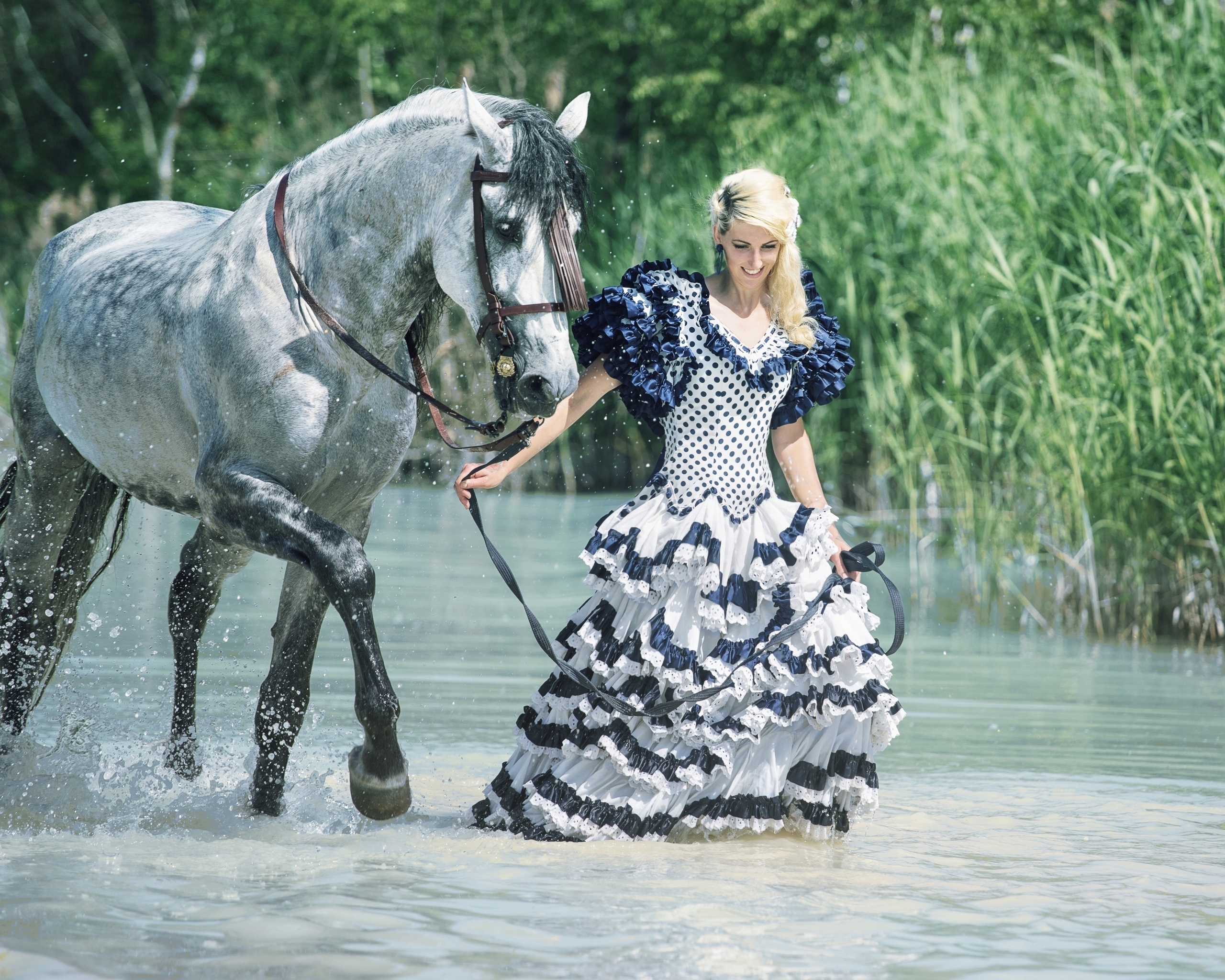 Image: Girl, horse, water, river, walk, grass, dress, sunny day