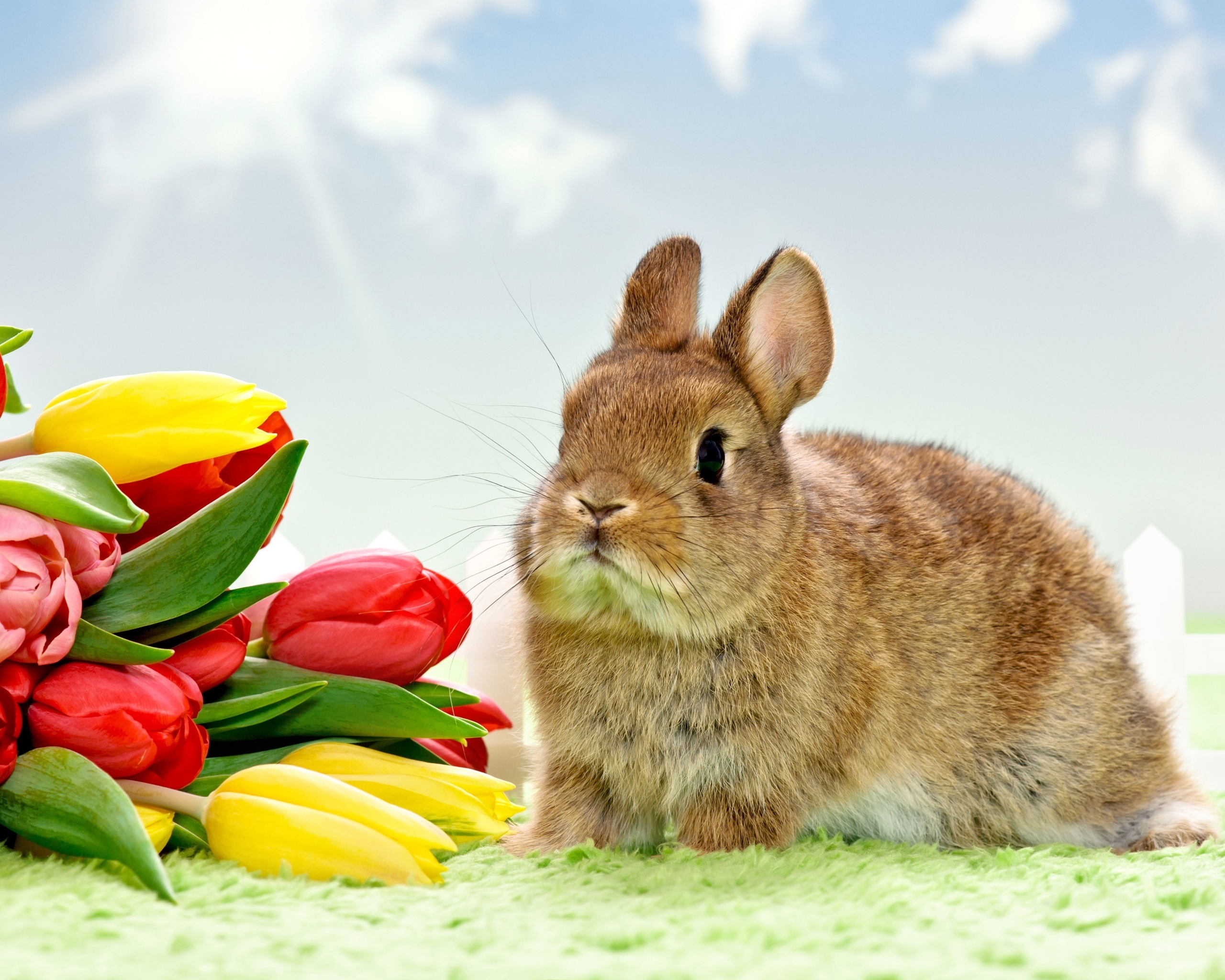 Картинка: Кролик, пушистик, букет, тюльпаны, цветы, весна, 8 марта