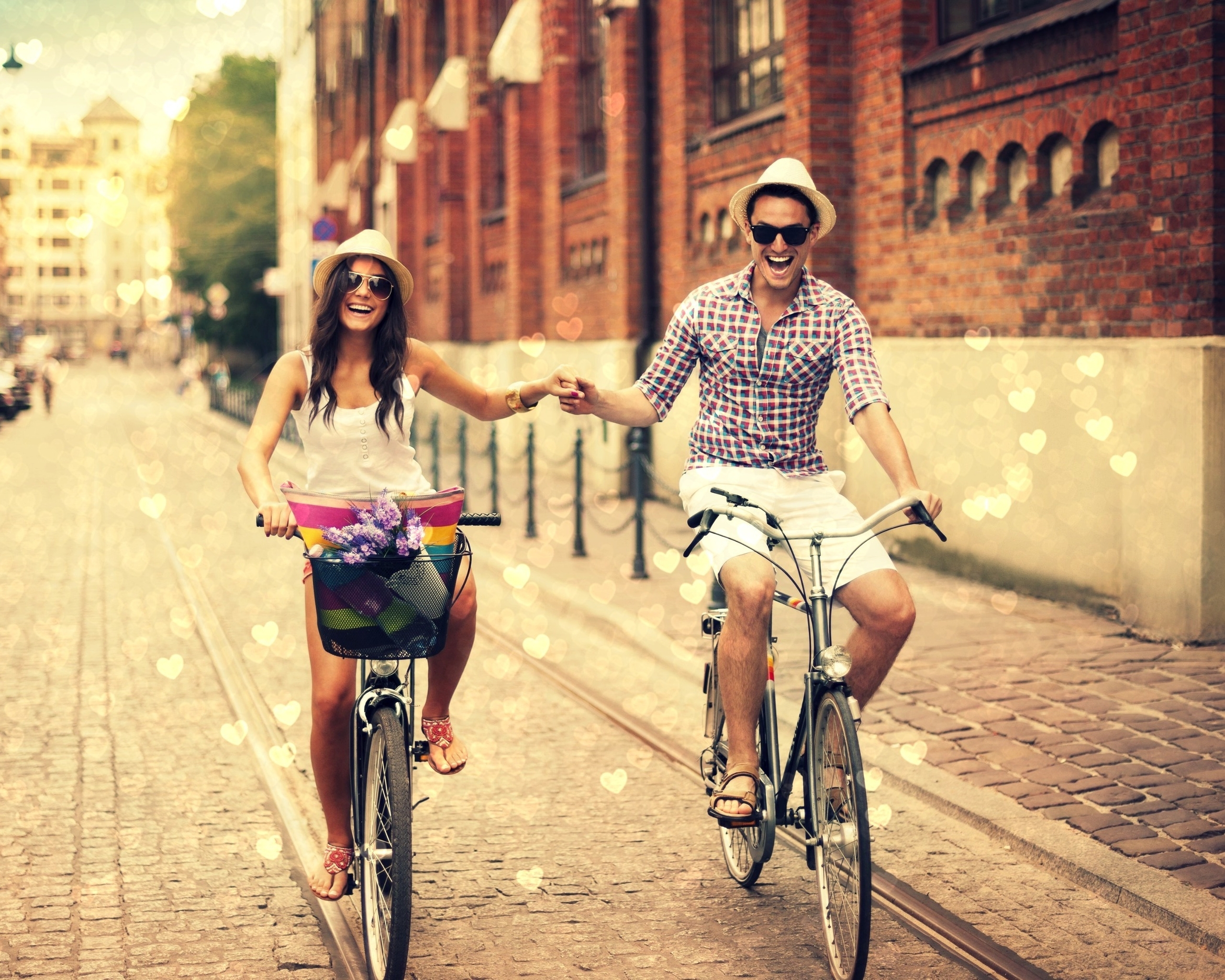 Image: Guy, girl, journey, bicycle, drive, sidewalk, walkway, building
