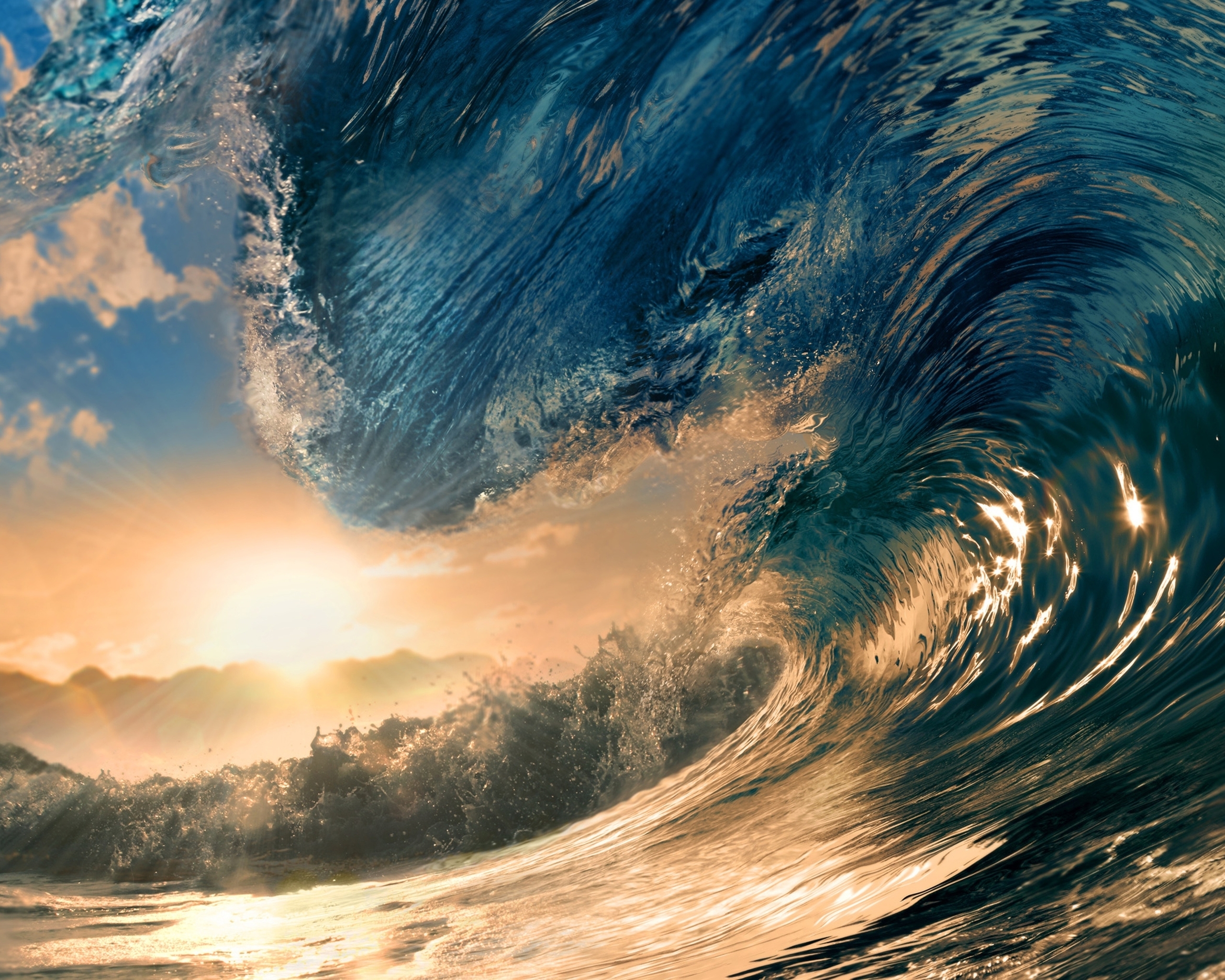 Картинка: Волны, вода, океан, брызги, солнце, закат, небо, облака