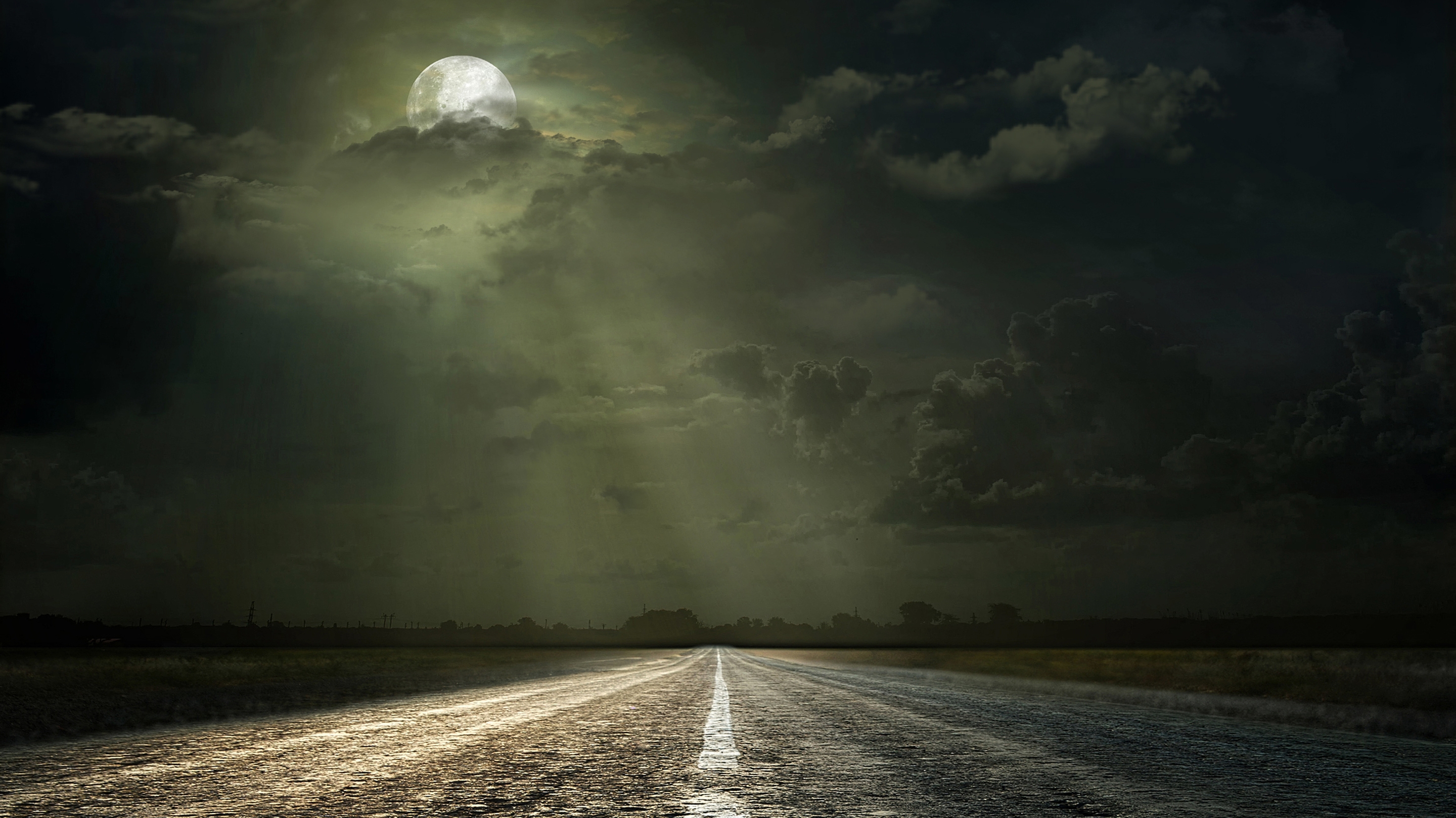 Картинка: Пейзаж, дорога, ночь, даль, лунный свет, луна, облака, горизонт, ночное небо