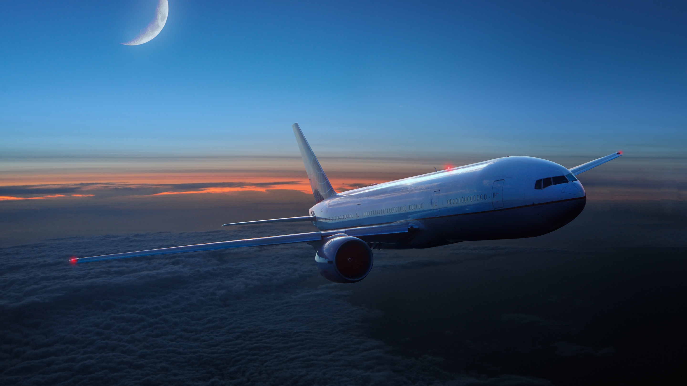 Image: Plane, evening, dusk, clouds, sky, moon