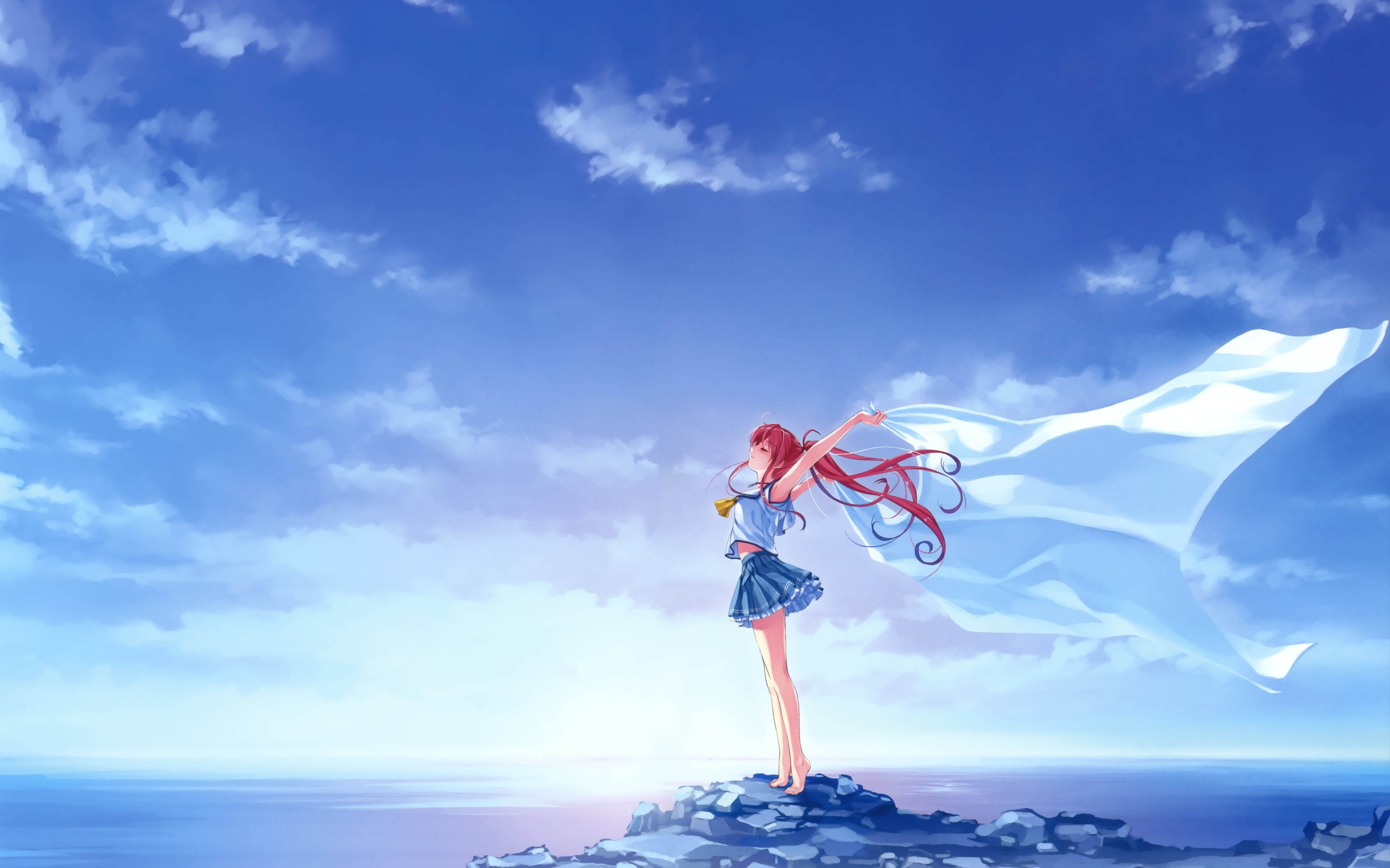 Картинка: Девушка, скала, море, небо, свобода, волосы, ветер, ткань, Miyamae Tomoka, Deep Blue Sky & Pure White Wings