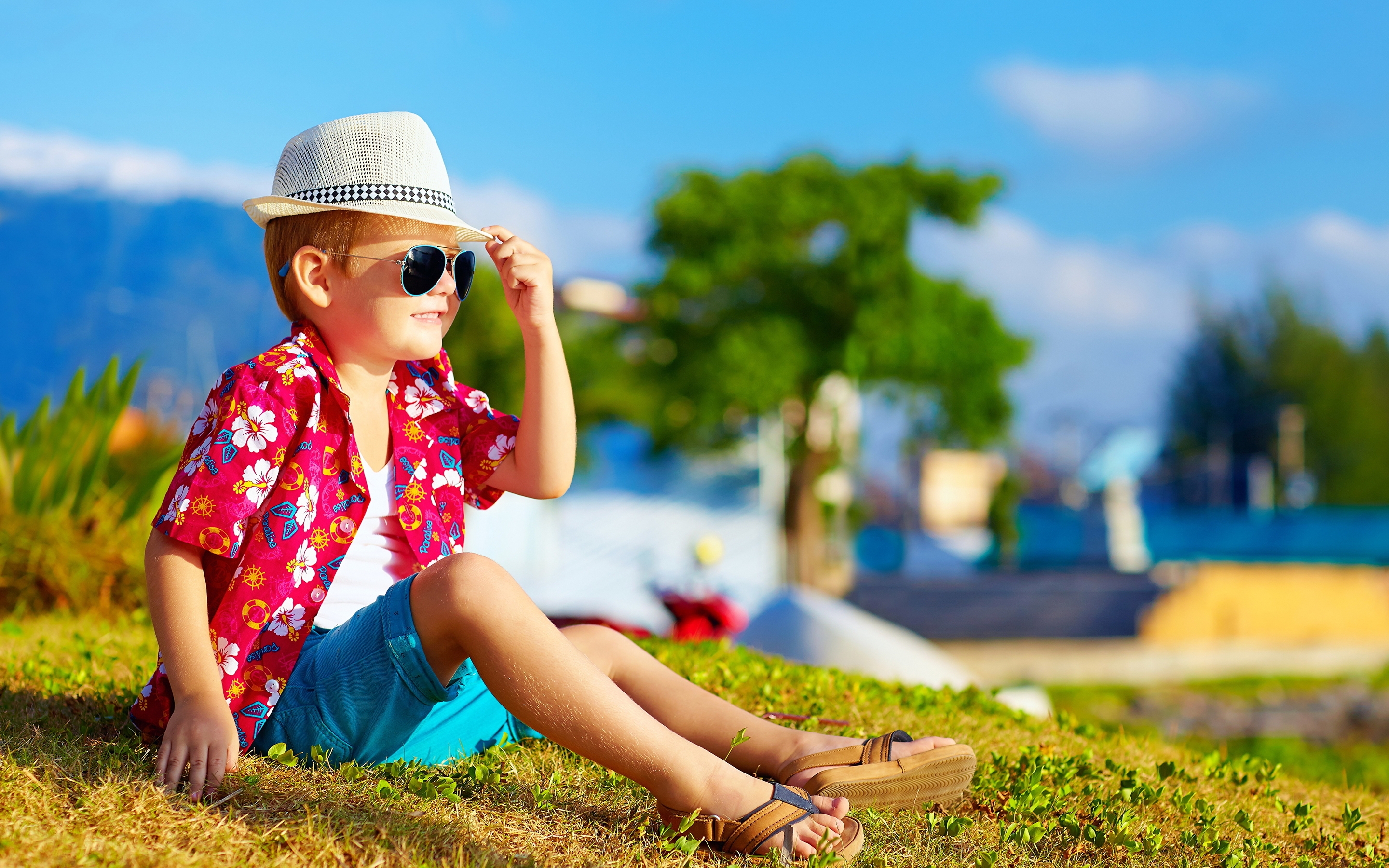 Image: Boy, sitting, sunglasses, hat, summer, grass, sun rays