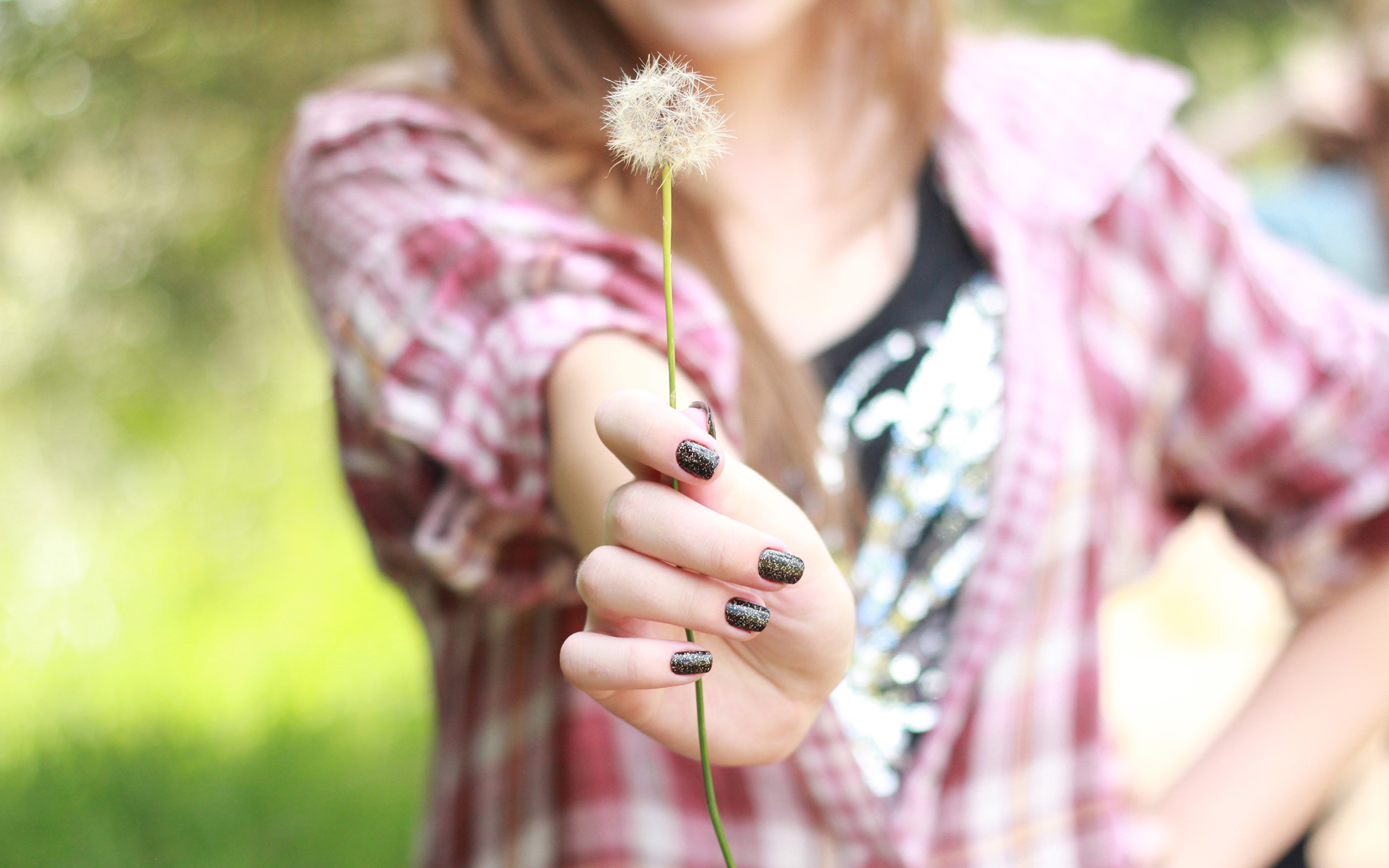 Image: Girl, hand, manicure, dandelion, blur