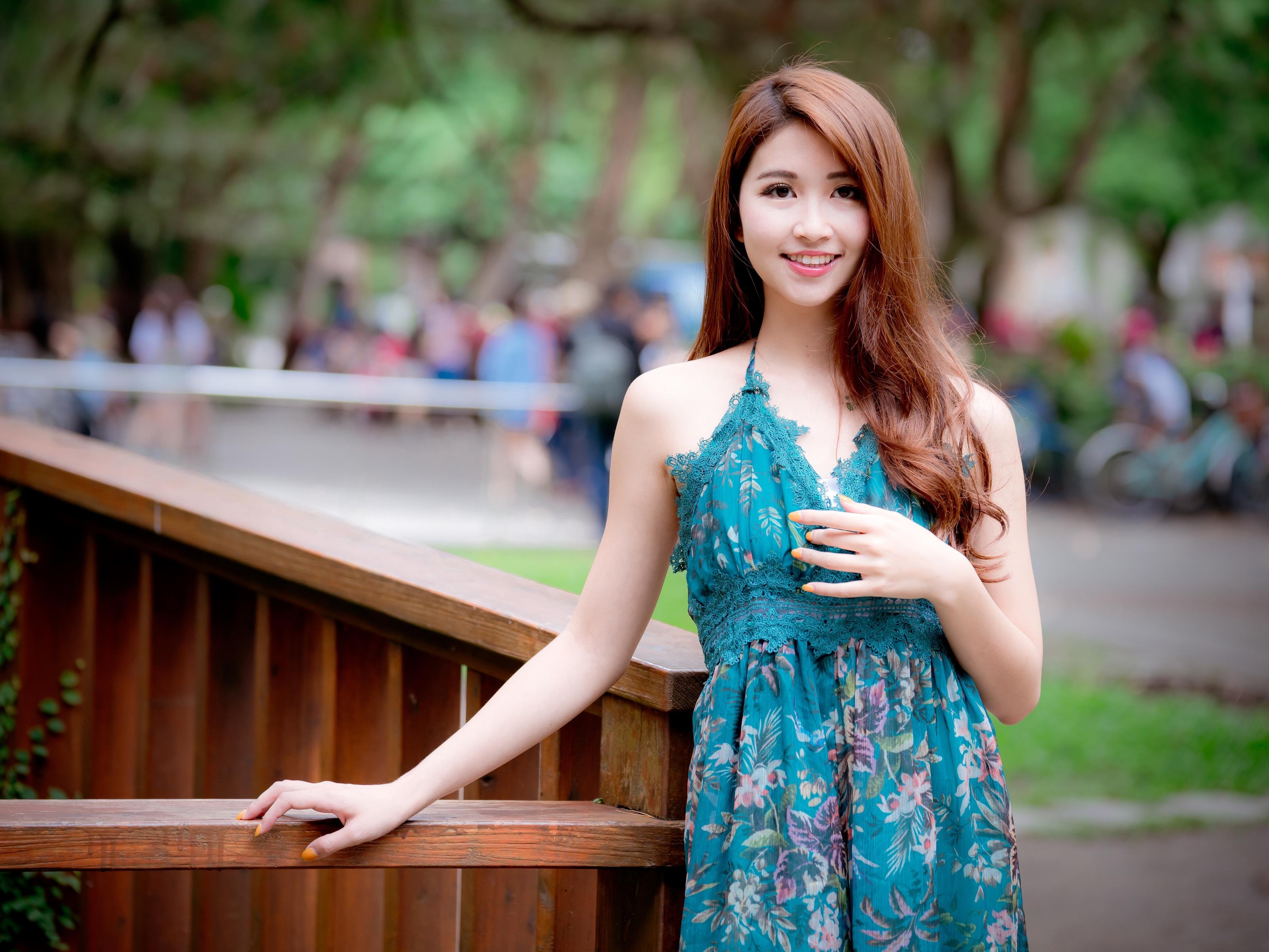 Image: Asian, smiling, dress, railings, beautiful, girl, hair, manicure