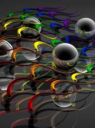 Image: Balls, reflection, transparency, multi-colored curls, curve, shadow